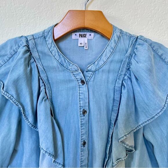 Boho Chambray Button Down Shirt Light Blue Denim with Ruffle Trim, PAIGE size XS - Picture 4 of 7